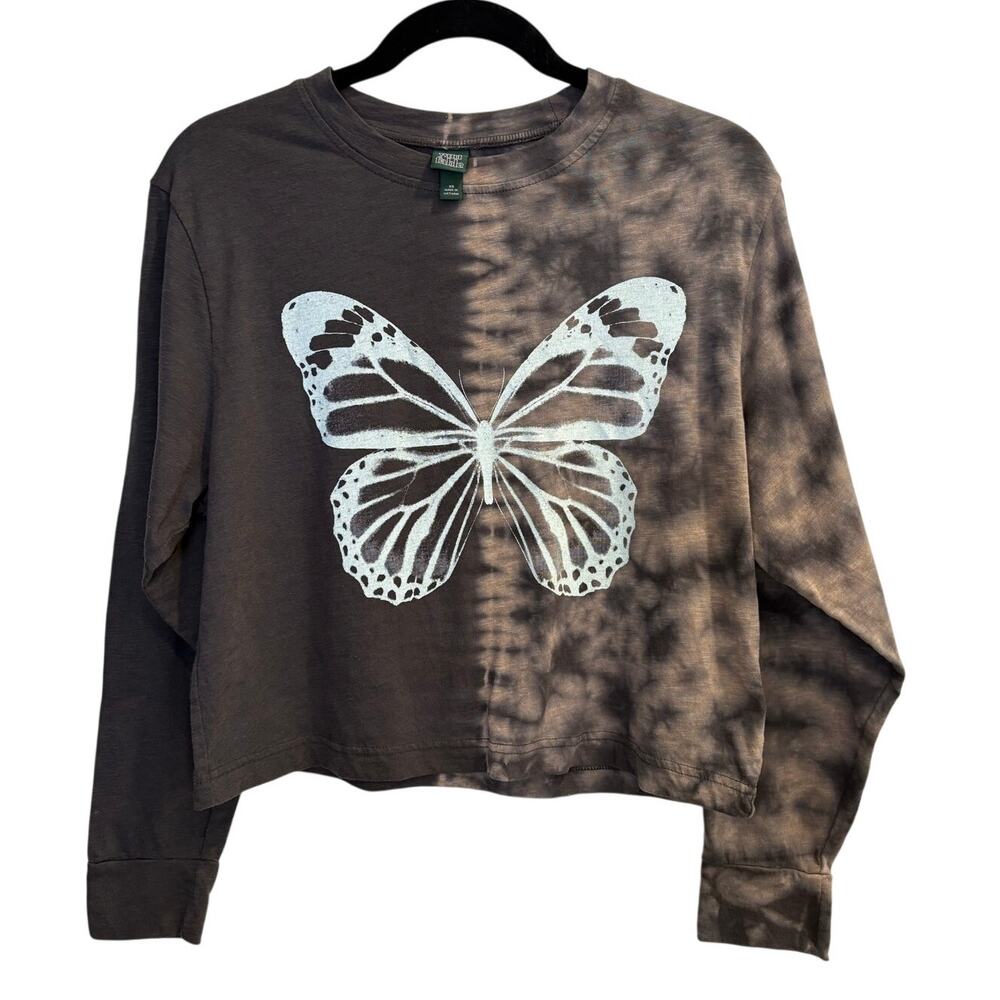 Wild Fable Butterfly Tie Dye Crop Top Brown Bleach Wash Long Sleeve Size XS